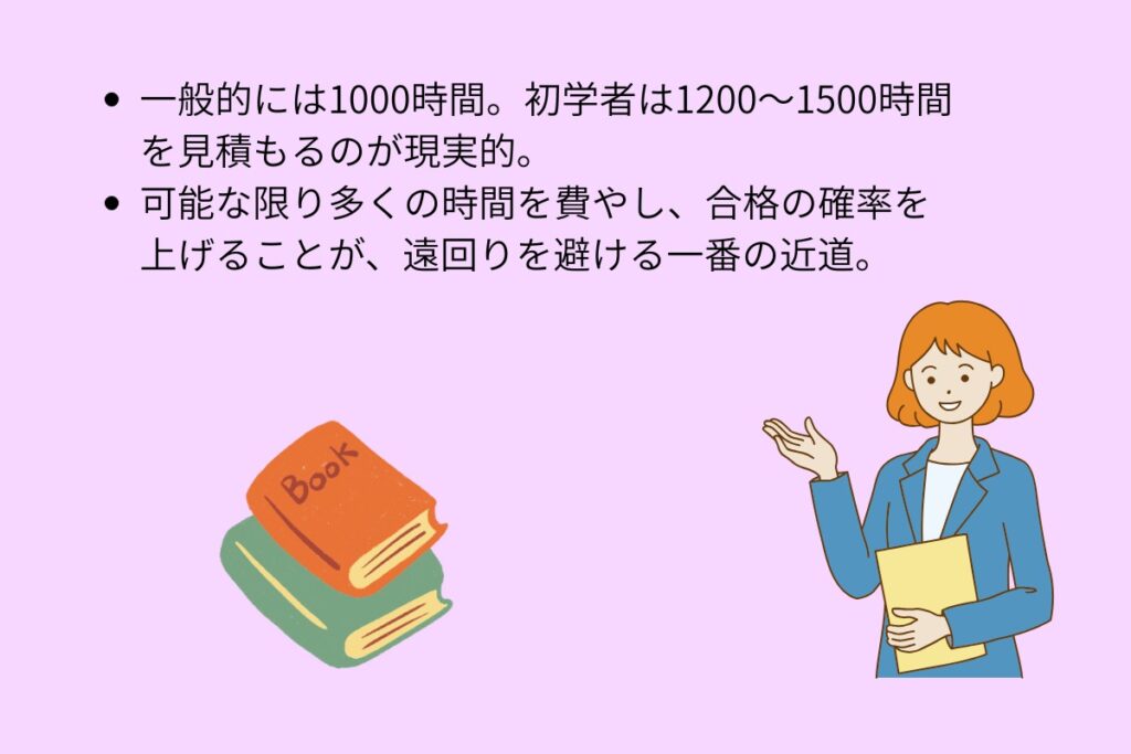 一般的には1000時間。初学者は・1200〜1500時間を見積もるのが現実的
・可能な限り多くの時間を費やし、合格の確率を上げることが、遠回りを避ける一番の近道