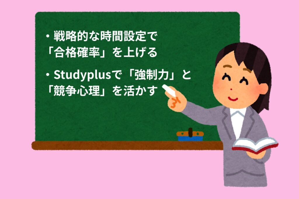 ・戦略的な時間設定で「合格確率」を上げる
・Studyplusで「強制力」と「競争心理」を活かす