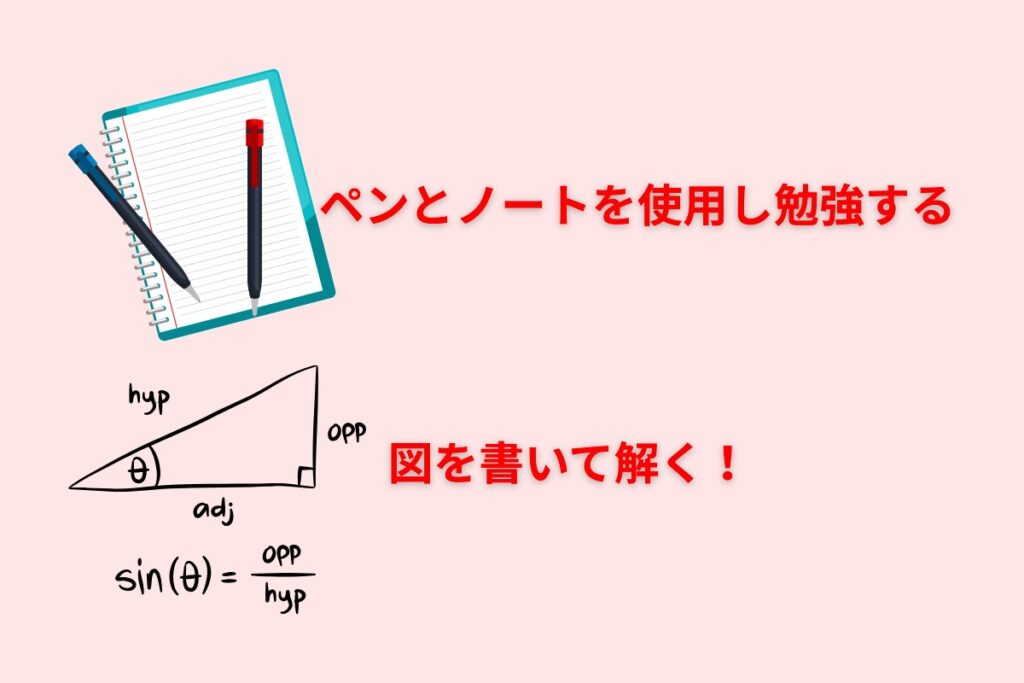 ペンとノートを使用し勉強する
図を書いて解く！
