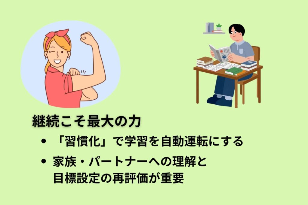 継続こそ最大の力
・「習慣化」で学習を自動運転にする
・家族・パートナーへの理解と目標設定の再評価が重要